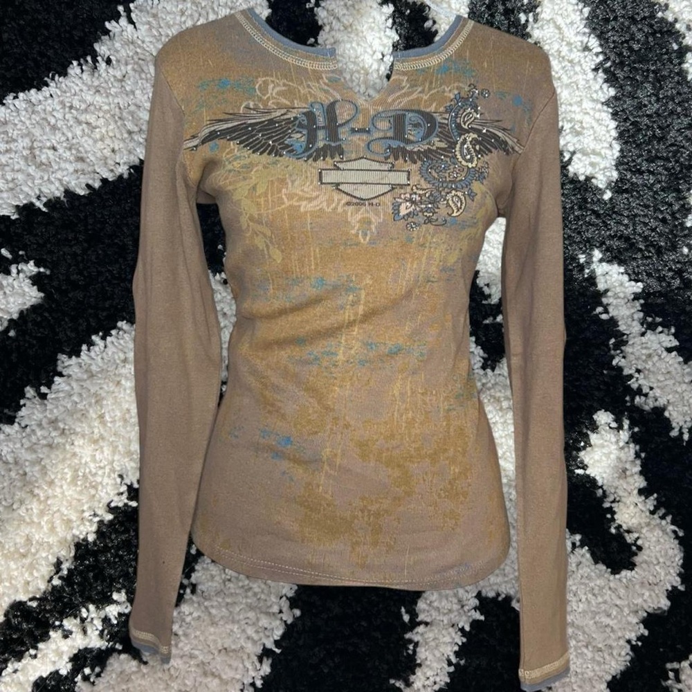 Y2K Harley Davidson brown long sleeve top with rhinestone details